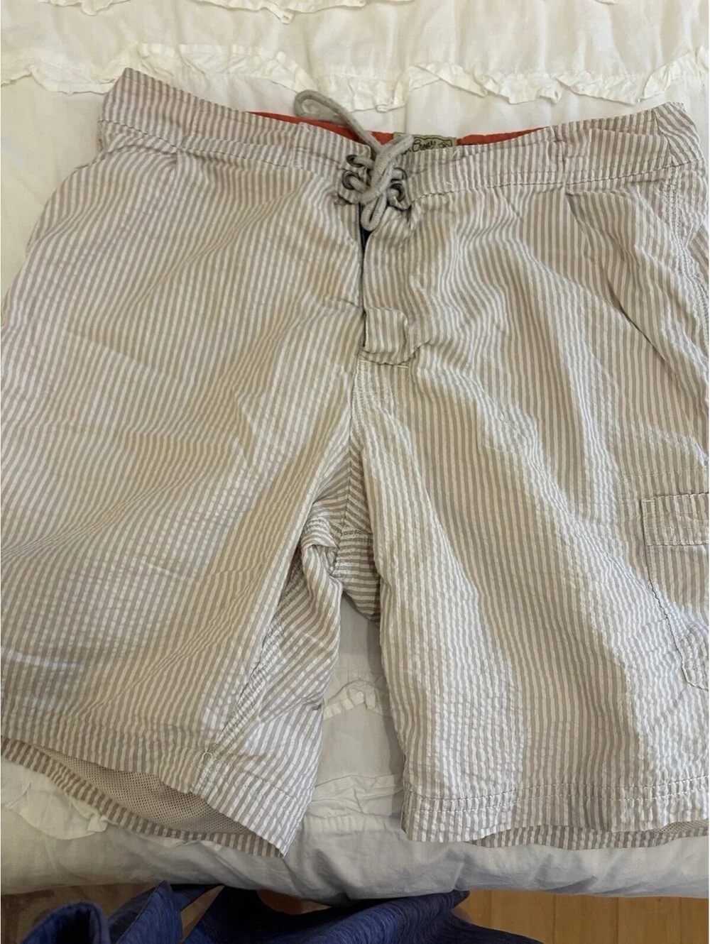 J.Crew The Original Longboard Shorts Mens 36 Taupe Gray Stripe Seersucker